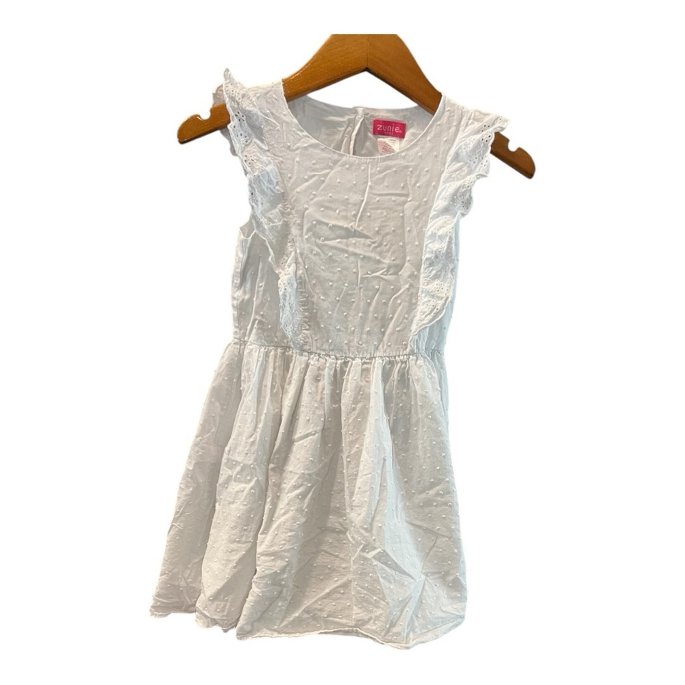 Zunie Girl Girl's Ruffled Sleeve Textured Clip Dot White Sundress Size 7/8